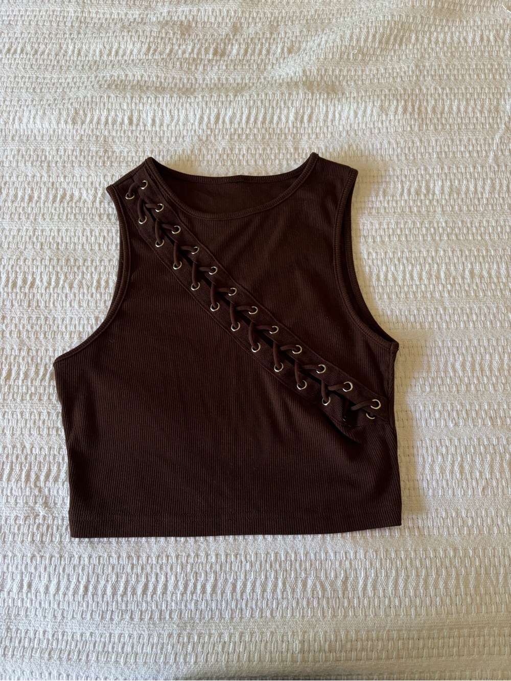Brown ribbed cropped tank with diagonal lace-up eyelet detail